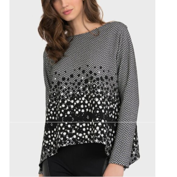 Joseph Ribkoff Size 14 Black White Chevron‎ Print Dotted Side Slits Pullover Top - Picture 3 of 14